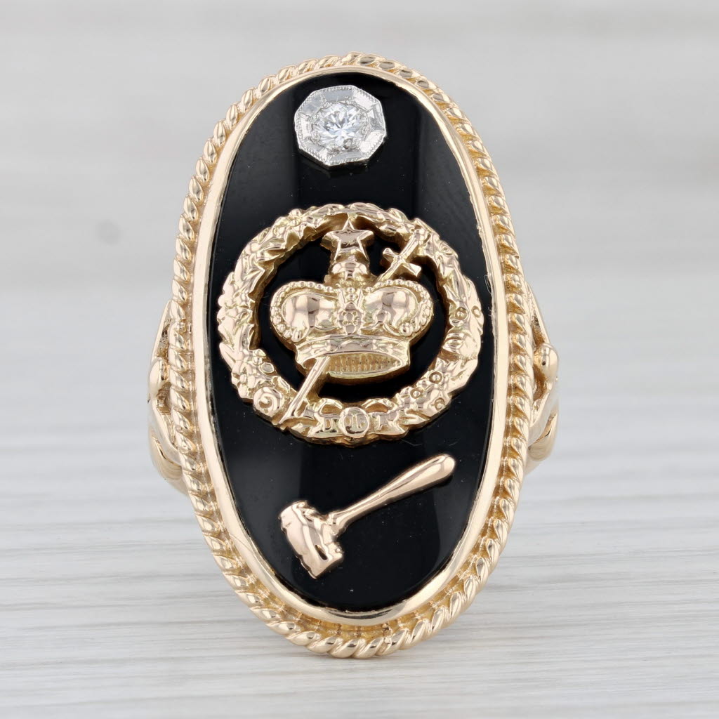 Light Gray Order of Amaranth Signet Ring 10k Yellow Gold Diamond Onyx Size 8 Crown Gavel