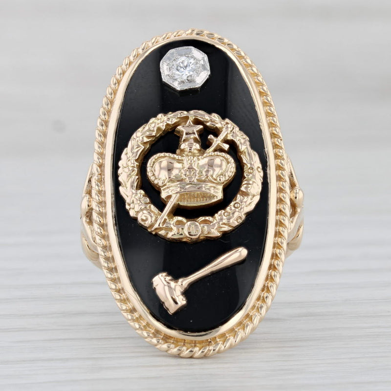 Order of Amaranth Signet Ring 10k Yellow Gold Diamond Onyx Size 8 Crown Gavel