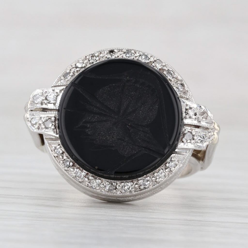Onyx Intaglio Diamond Halo Ring 14k White Gold Platinum Size 6 Signet