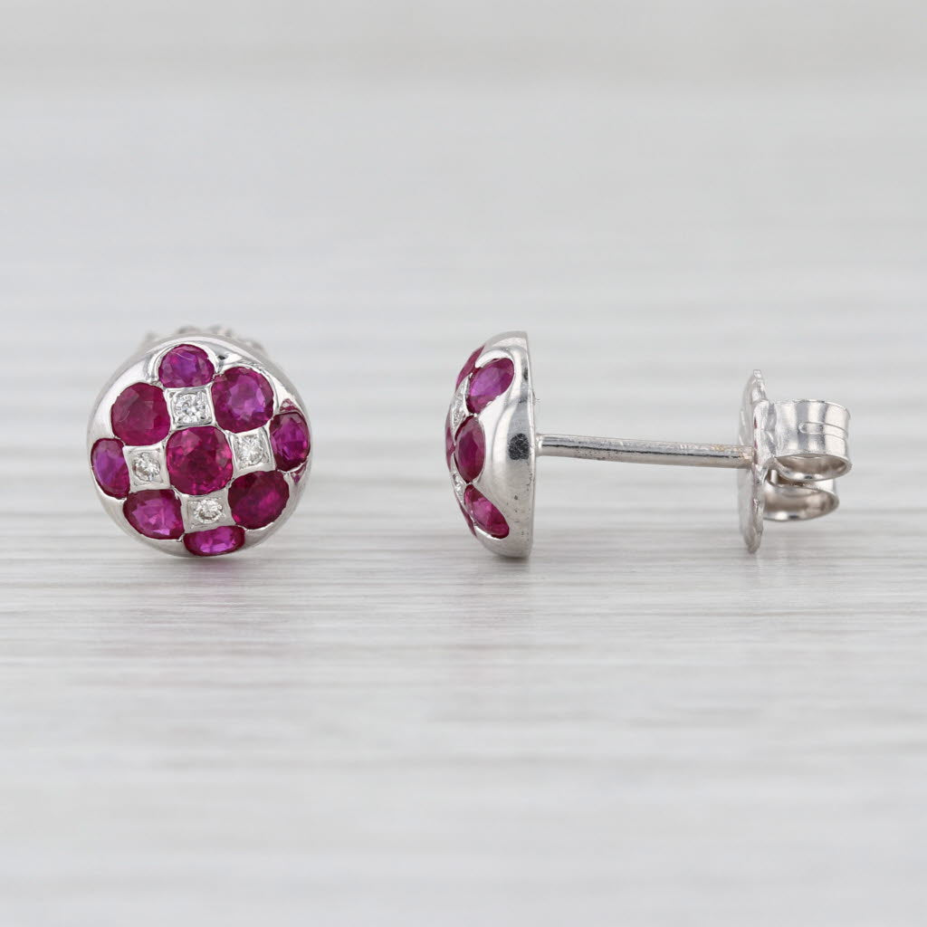 1.50ctw Ruby Diamond Flower Cluster Stud Earrings 18k White Gold Button Studs