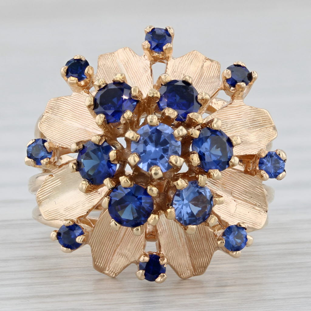 Gray Lab Created Blue Sapphire Flower Cluster Ring 14k Yellow Gold Cocktail Size 7.5