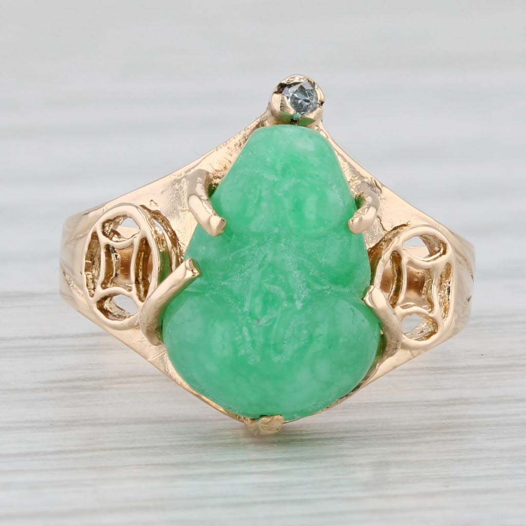 Light Gray Carved Green Jade Frog Diamond 18k Yellow Gold Size 6 Vintage AS IS