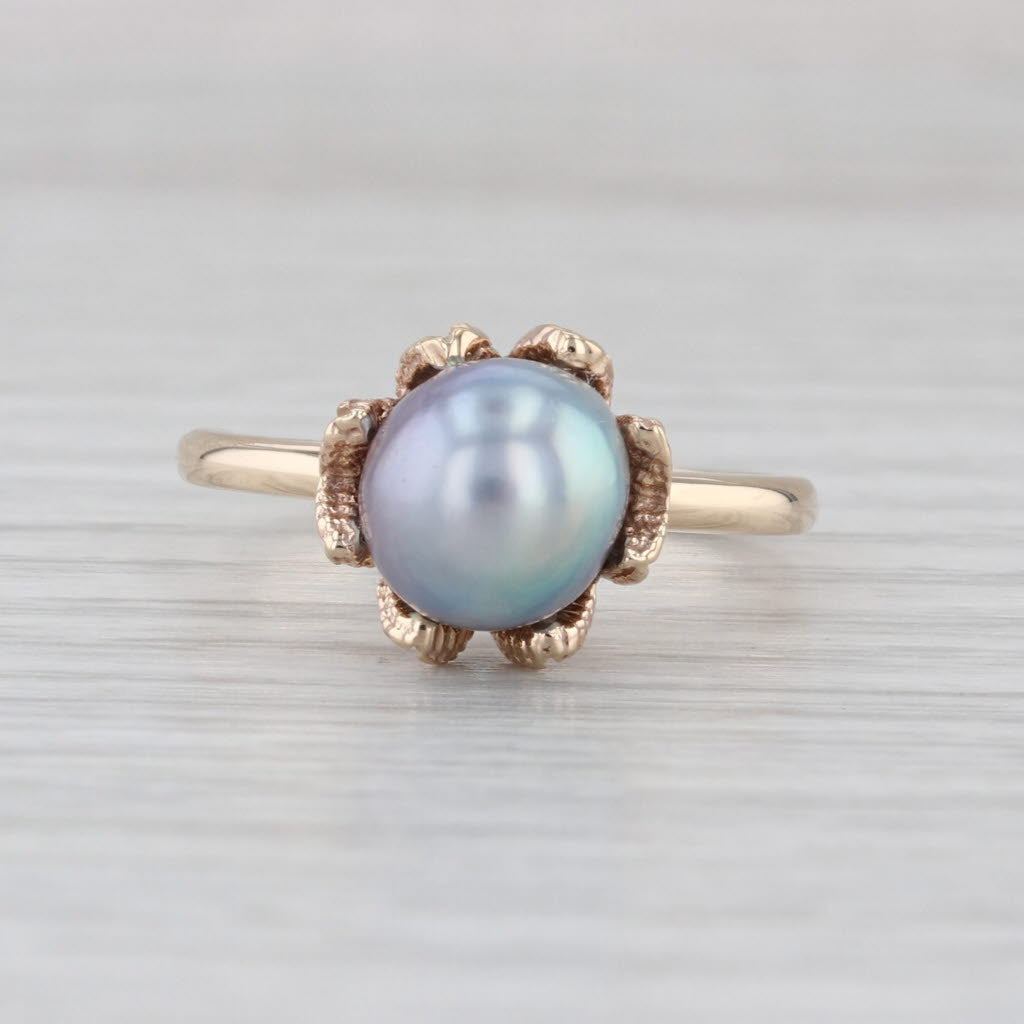 Cultured Saltwater Black Pearl Solitaire Ring 14k Yellow Gold Size 7.5