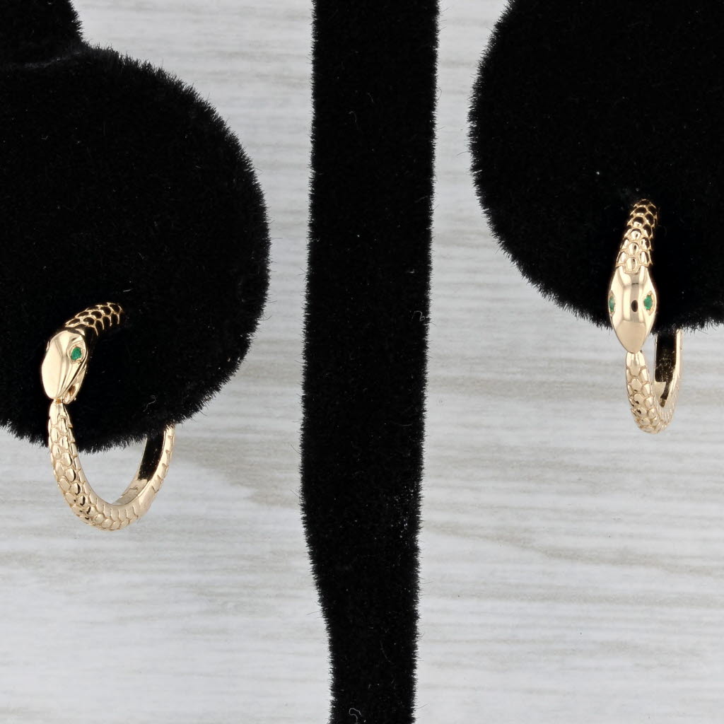 Gray New Ouroboros Snake Hoop Earrings 14k Yellow Gold Emerald Eyes Hinged Hoops