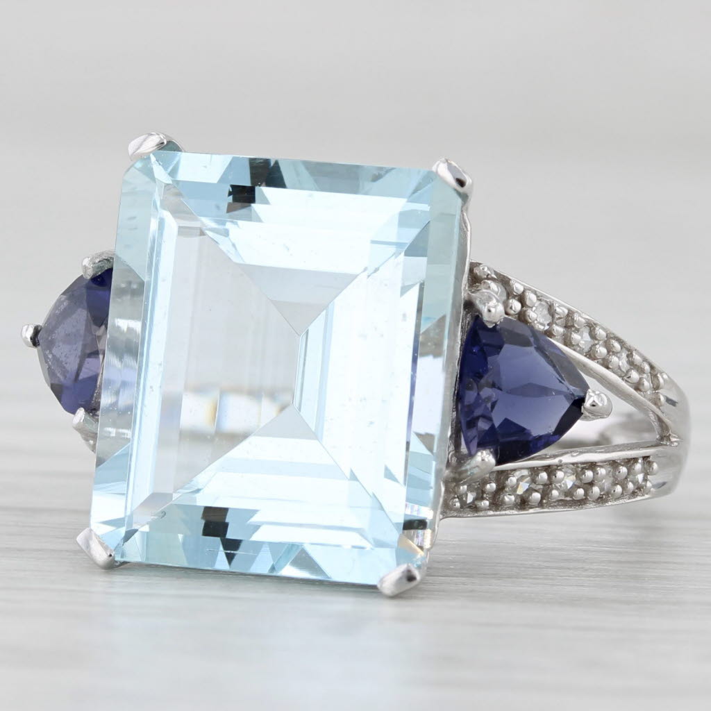 Light Gray 9.22ctw Aquamarine Iolite Cocktail Ring 14k White Gold Size 8