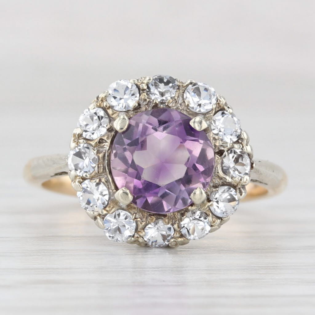 Vintage 1.15ct Amethyst Glass Halo Ring 9k White Yellow Gold Size 5.5