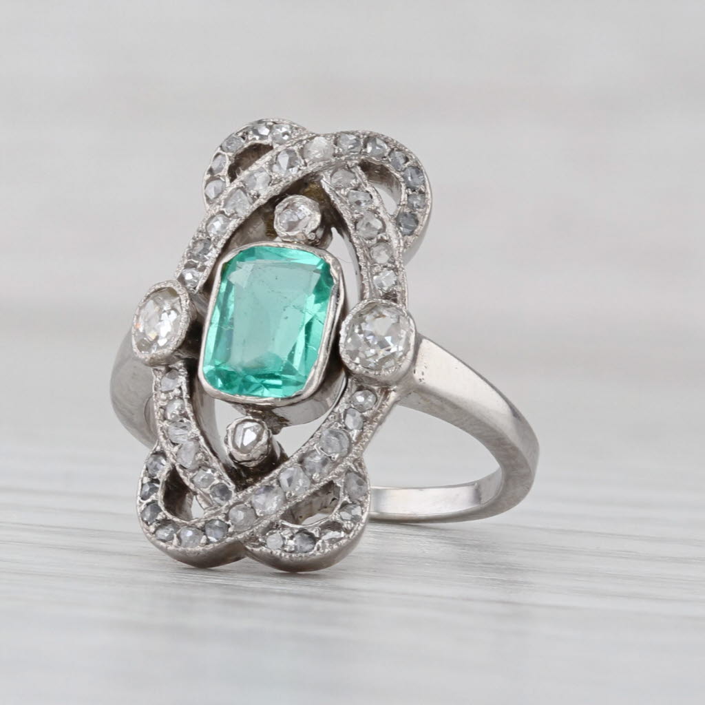 1.05ctw Emerald Diamond Vintage Ring 9k-14k Platinum Ring Size 4.25