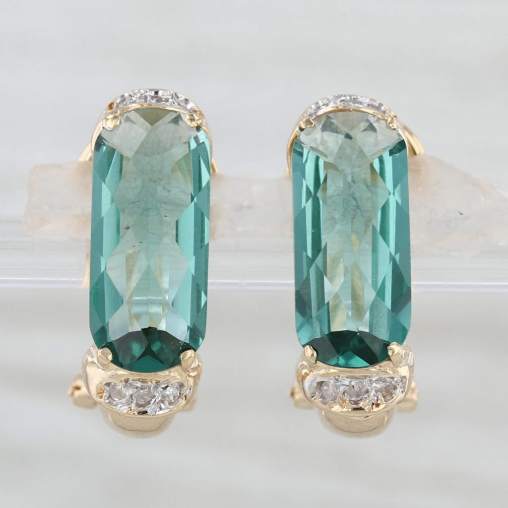 4.97ctw Green Quartz Diamond Earrings 14k Yellow Gold Omega Back Drops