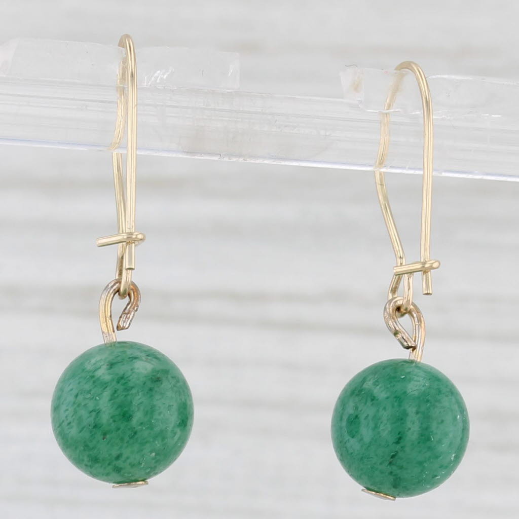 Light Gray Green Aventurine Bead Dangle Earrings 14k Yellow Gold Hook Post Drops