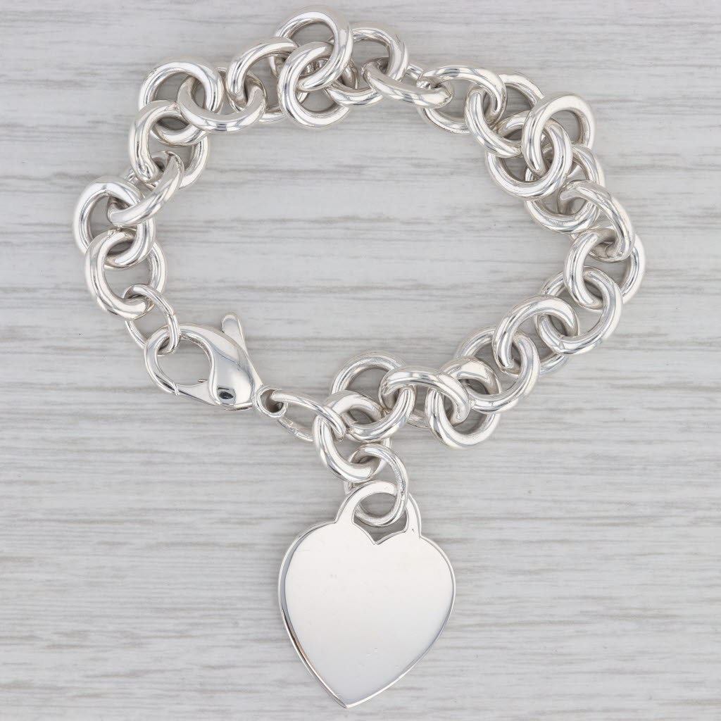 Gray Tiffany & Co Heart ID Tag Charm Bracelet Sterling Silver 7" Cable Chain