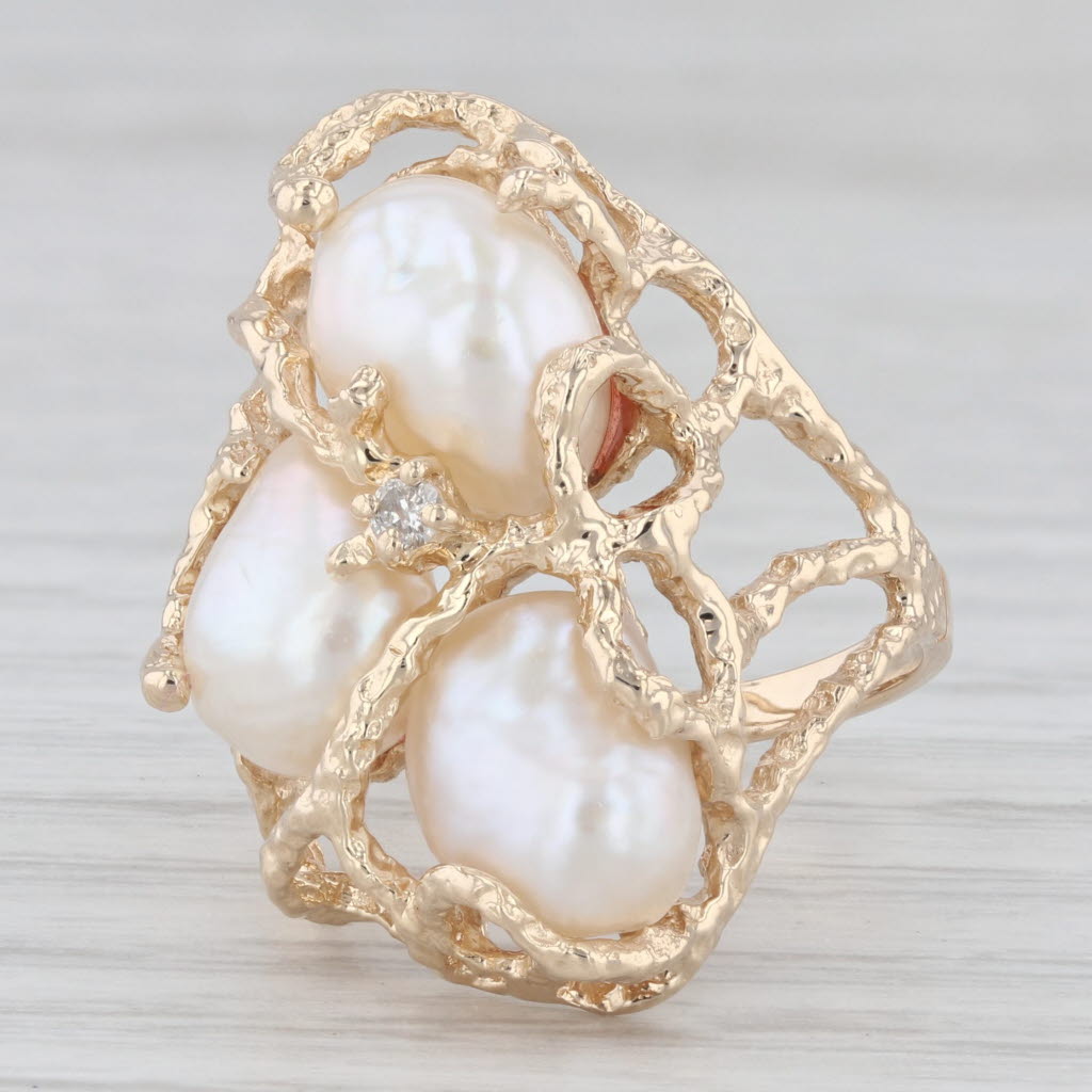 Light Gray Baroque Pearl Cluster Diamond Ring 14k Yellow Gold Size 7 Cocktail