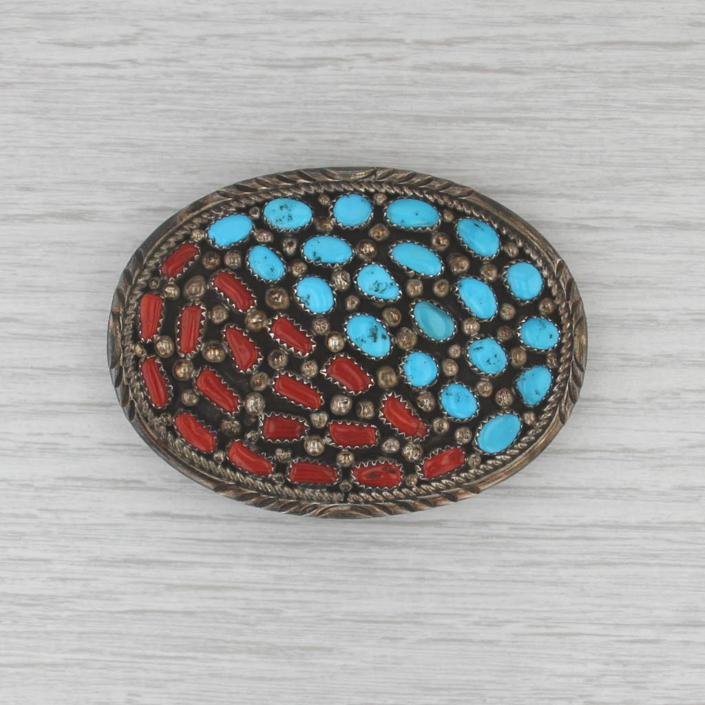 Vintage Navajo Coral Turquoise Belt Buckle Sterling Native American Chiquito