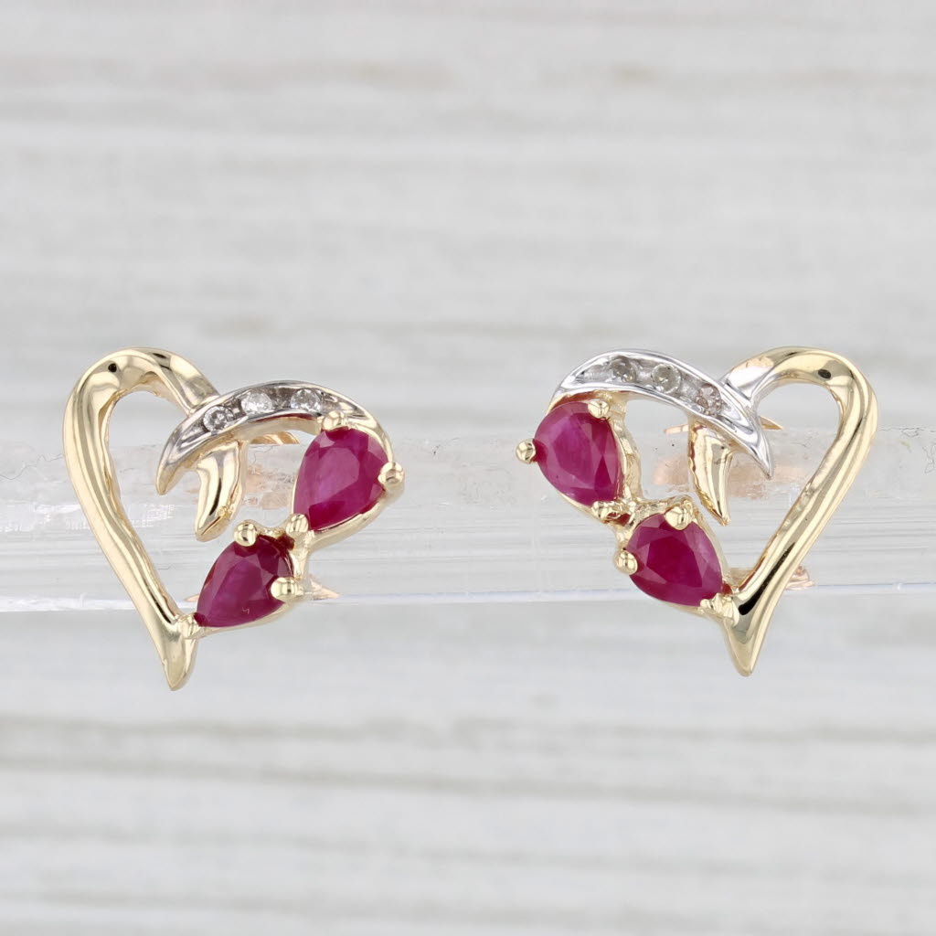 Light Gray 0.80ctw Ruby Diamond Heart Stud Earrings 14k Yellow Gold