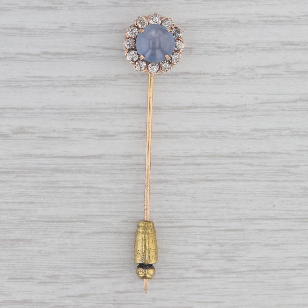 Gray Antique Star Sapphire Cabochon 0.74ctw Diamond Halo Stickpin 10-12k Gold Pin