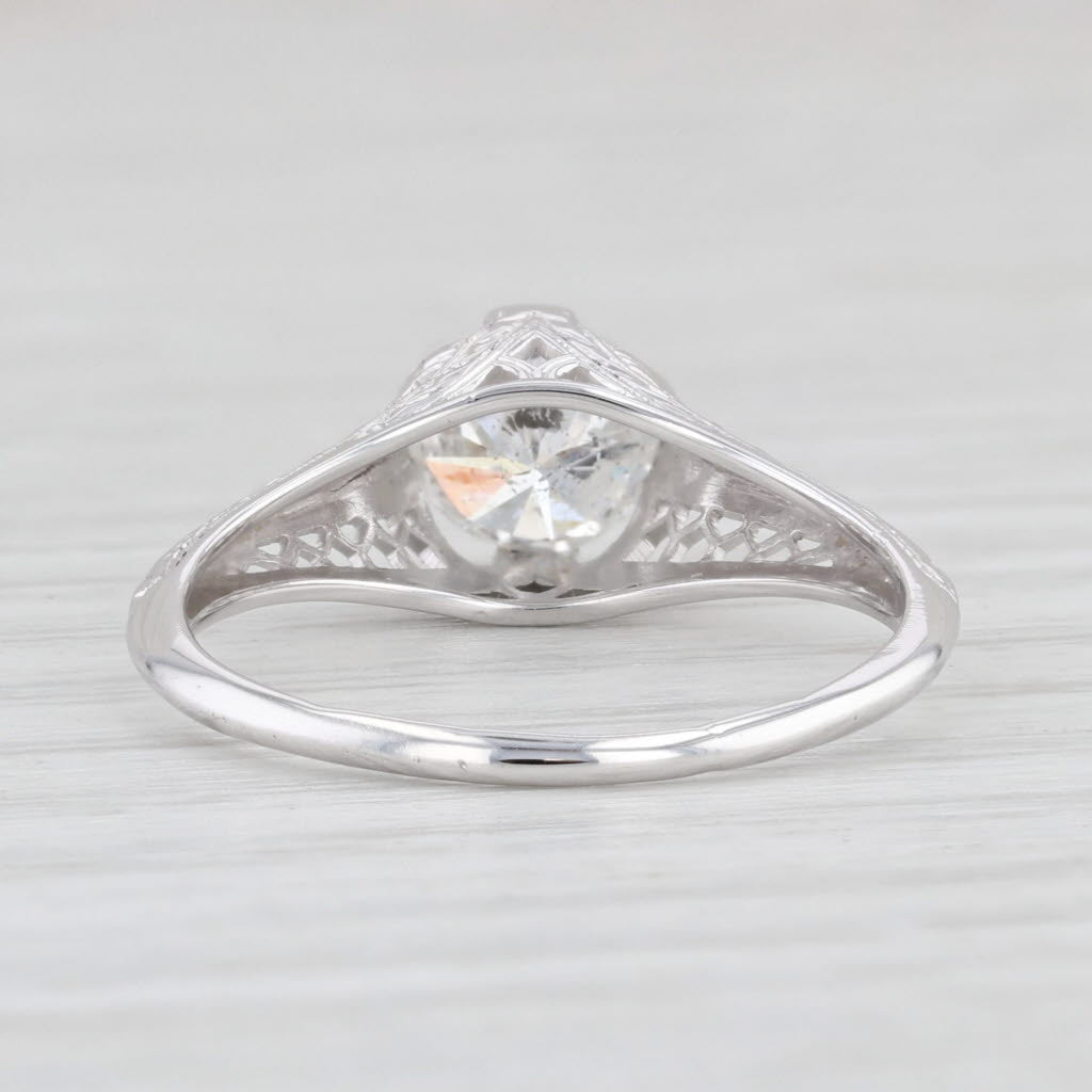 Light Gray Art Deco 0.89ct Round Solitaire Diamond Engagement Ring 18k White Gold Filigree