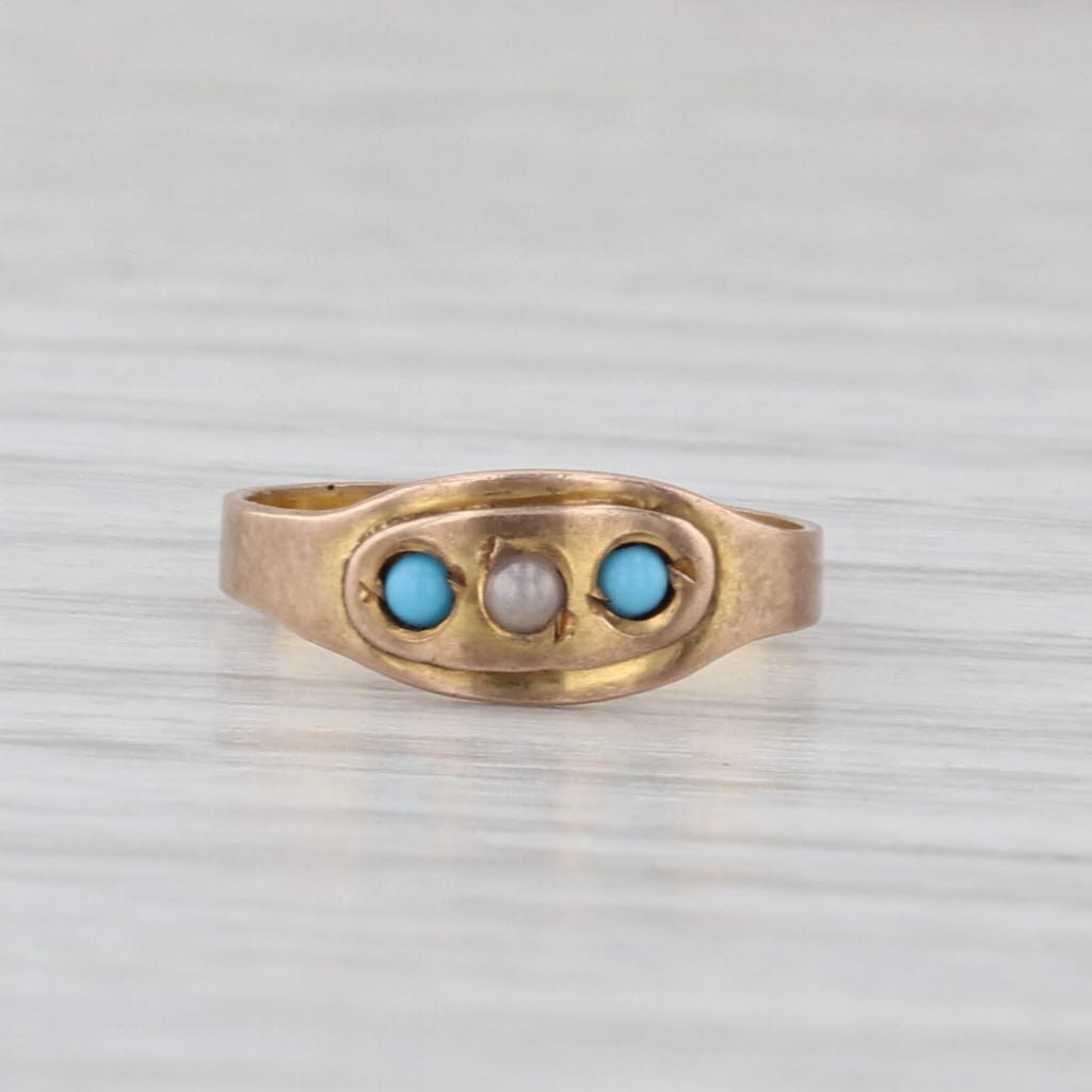 Antique Simulated Turquoise Glass Baby Ring 8k Yellow Gold Small Size