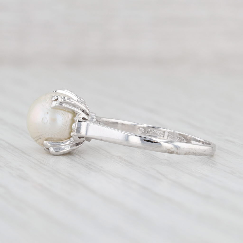 Light Gray Vintage Cultured Pearl Solitaire Ring 14k White Gold Size 7.75