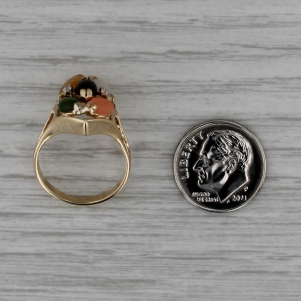 Coral Jade Cabochons Cluster Ring 14k Yellow Gold Size 6 Diamond Accents