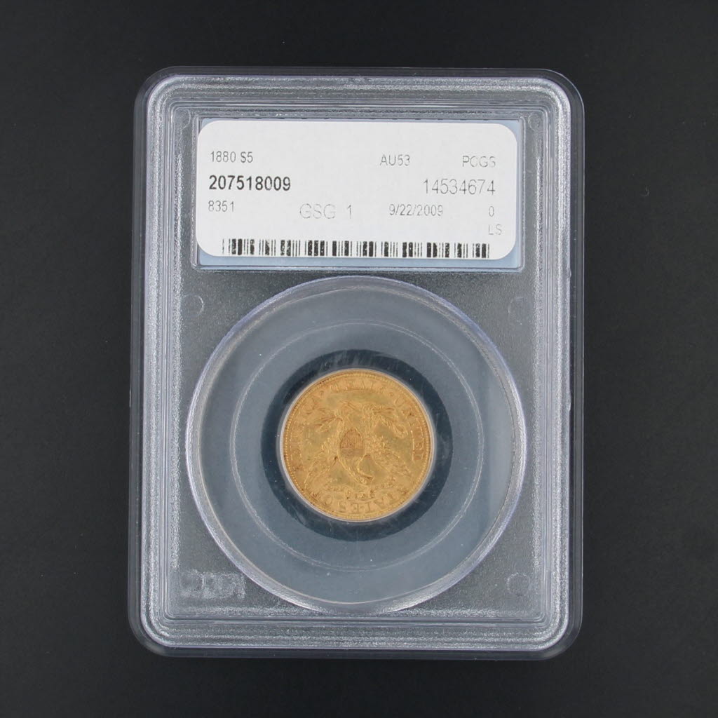 1880 Liberty Fine Gold Coin US $5 Eagle AU53 PCGS Certificate Case