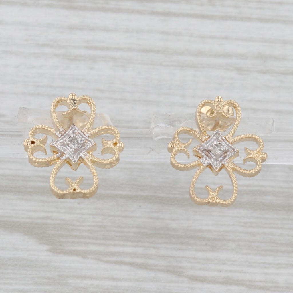 Gray Ornate Diamond Cross Stud Earrings 14k Yellow Gold