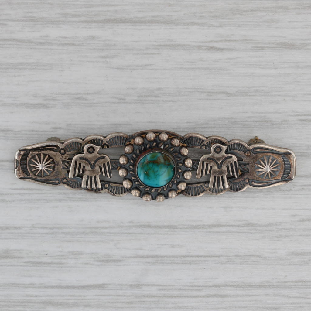 Gray Vintage Native American Eagle Turquoise Brooch Sterling Silver