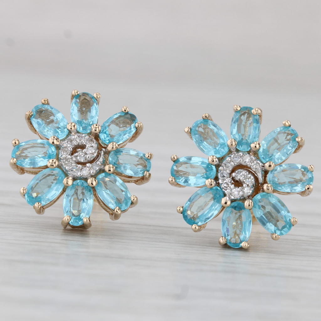 Gray 3.25ctw Blue Apatite Diamond Flower Stud Earrings 14k Yellow Gold
