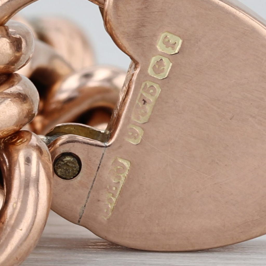 Antique British Heart Lock Charm Bracelet 9k Rose Gold 7.5" Curb Chain