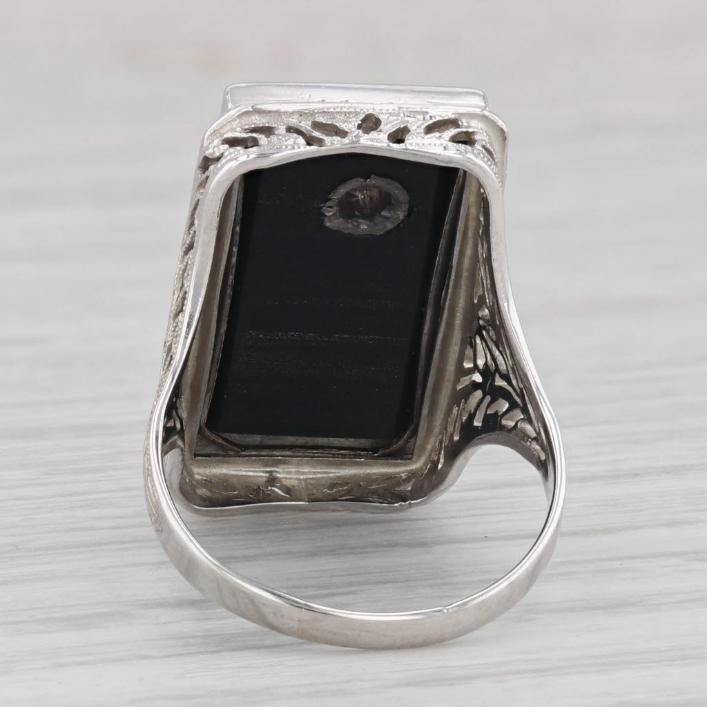 Light Gray Vintage Onyx Diamond Signet Filigree Ring 18k White Gold Size 5.5