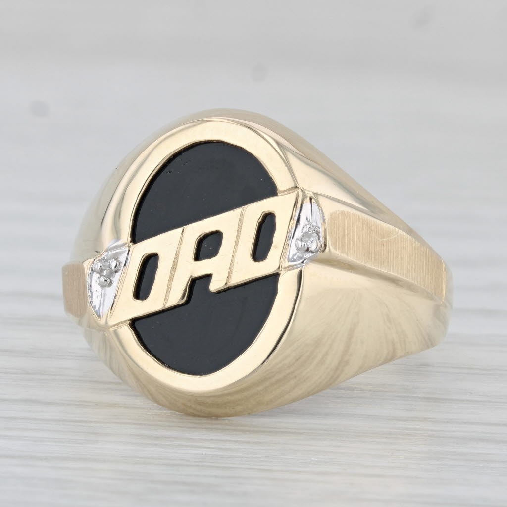 Light Gray Onyx DAD Ring 10k Yellow Gold Size 10 Men's Signet Gift Diamond Accents