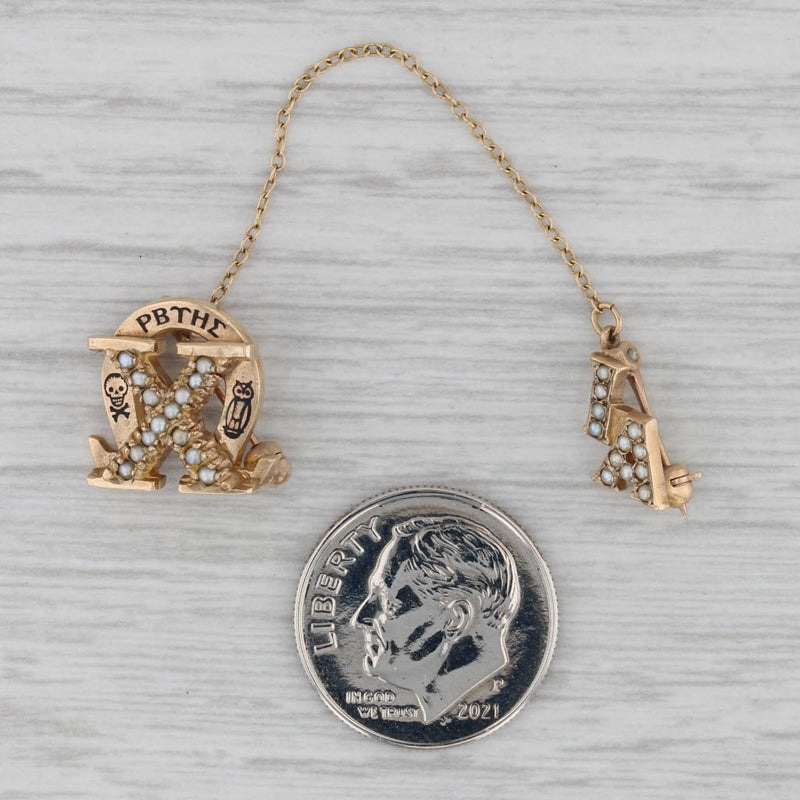 Vintage Omega Chi Badge Sorority 10k Gold Pearl Skull Owl Chapter Guard Pin