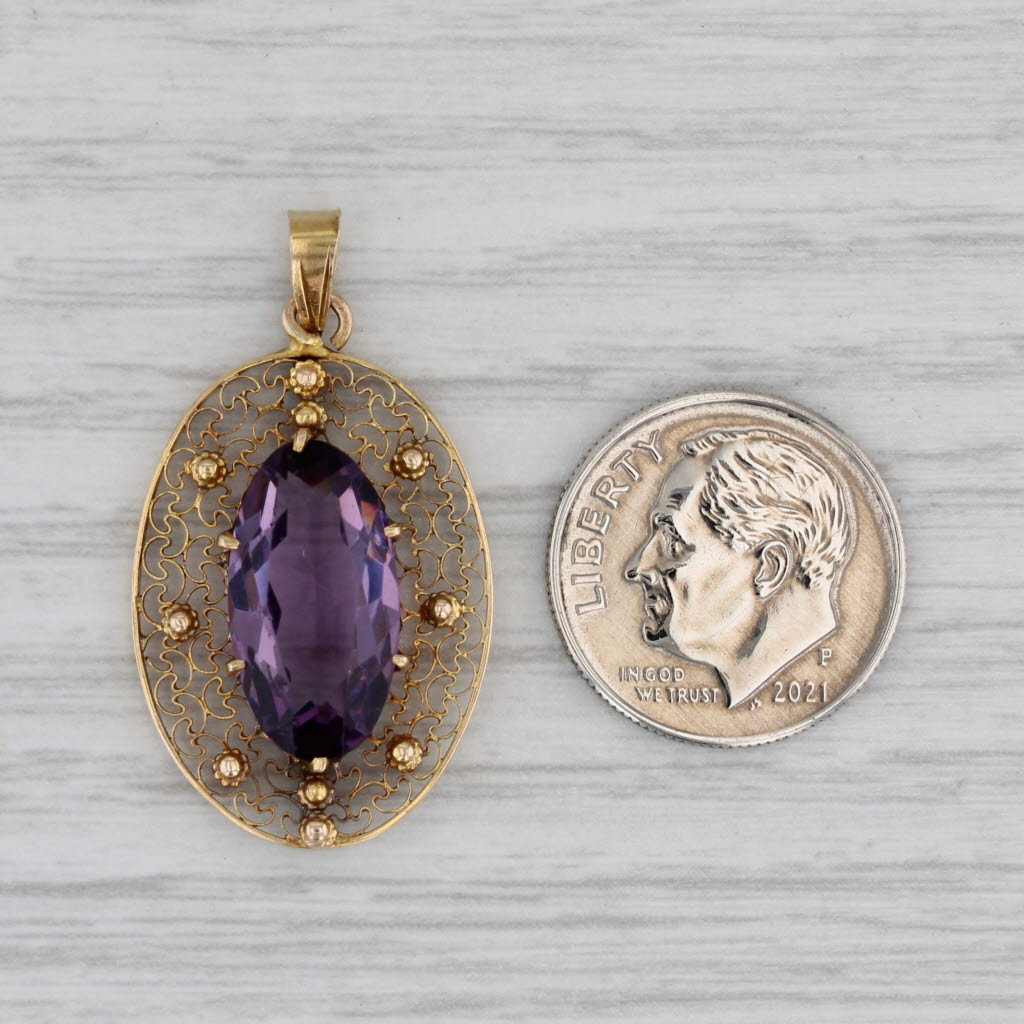 Gray Vintage Purple Glass Ornate Filigree Pendant 10k Yellow Gold Simulated Amethyst