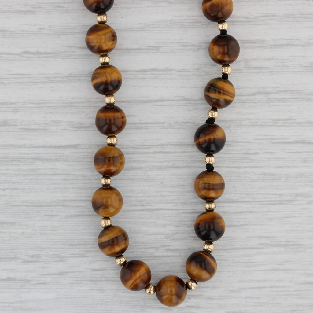 Gray Vintage Tiger's Eye Bead Necklace 10k Yellow Gold Long Strand 32.5" 8mm