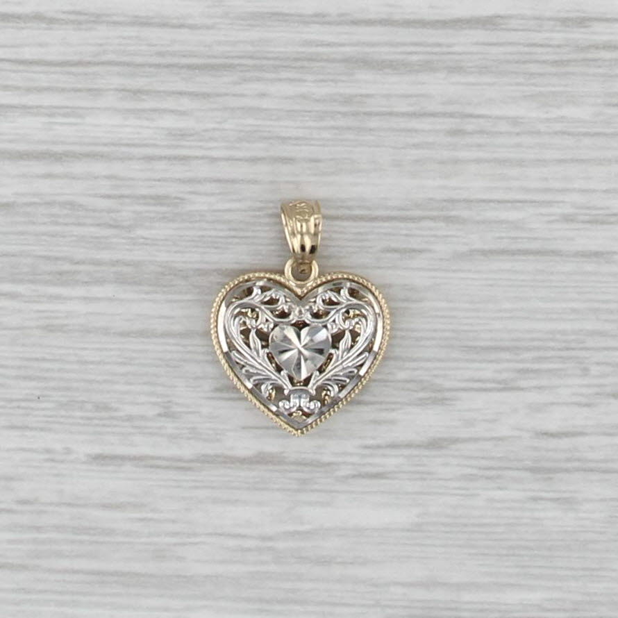 Reversible Heart Pendant 14k Yellow White Gold Ornate Filigree Open Work