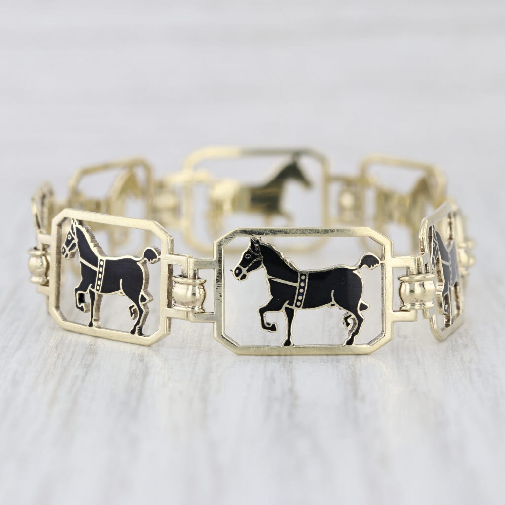 Vintage Black Enamel Horse Panel Bracelet 14k Yellow Gold 6.75" 12.1mm