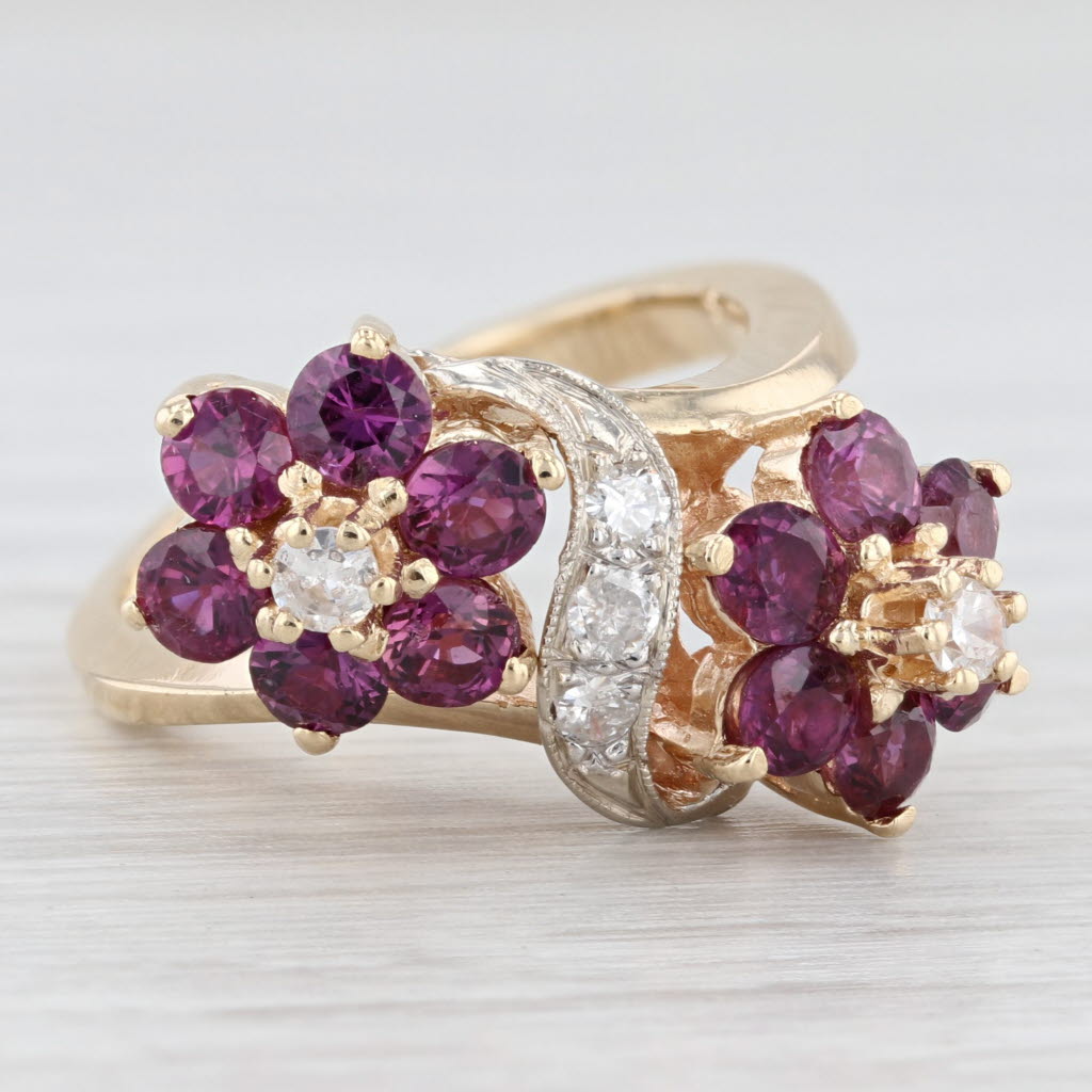 Light Gray 2.18ctw Ruby Diamond Flower Bypass Ring 14k Yellow Gold Size 6.25