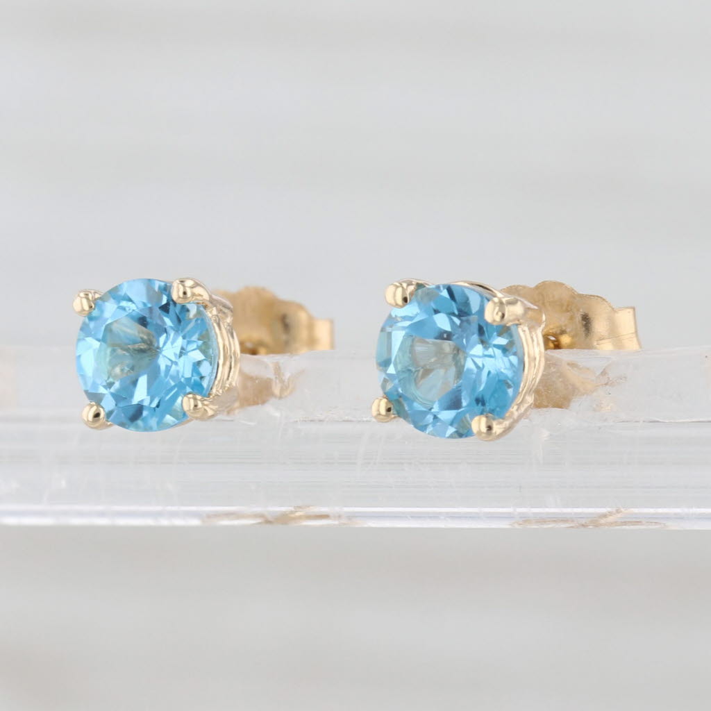 1.20ctw Light Blue Topaz Stud Earrings 14k Yellow Gold Round Solitaire Studs