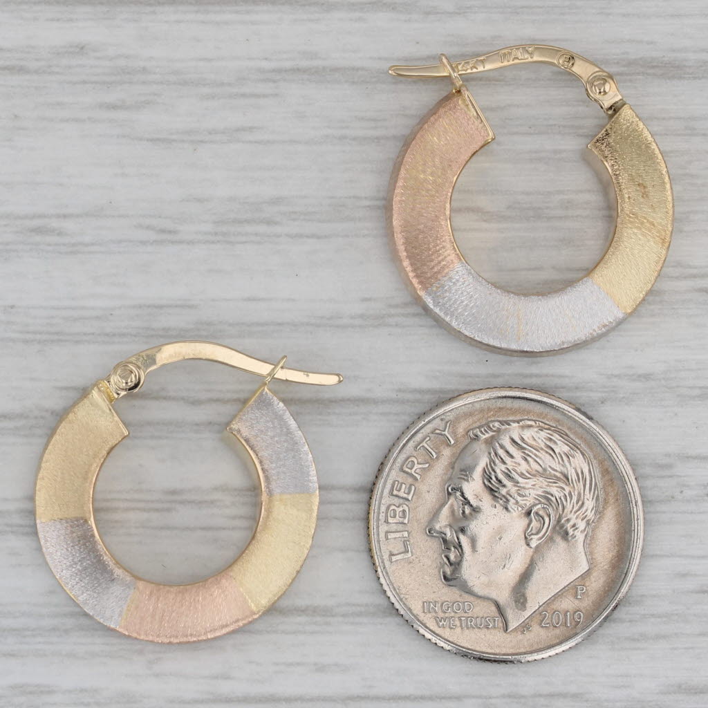 Gray Brushed Tri-Toned Gold Hoop Earrings 14k Yellow White Rose Gold Round Hoops