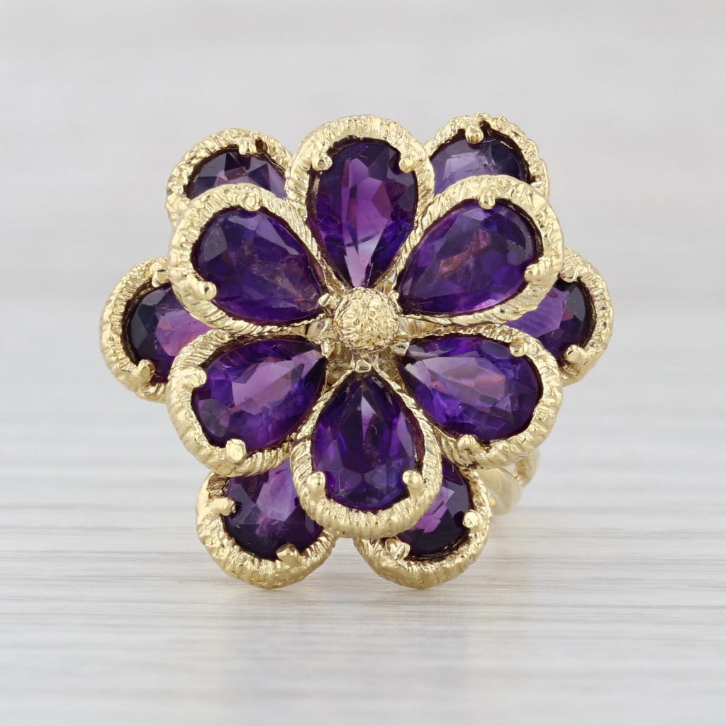 8.10ctw Amethyst Flower Cluster Ring 18k Yellow Gold Size 7.5 Cocktail
