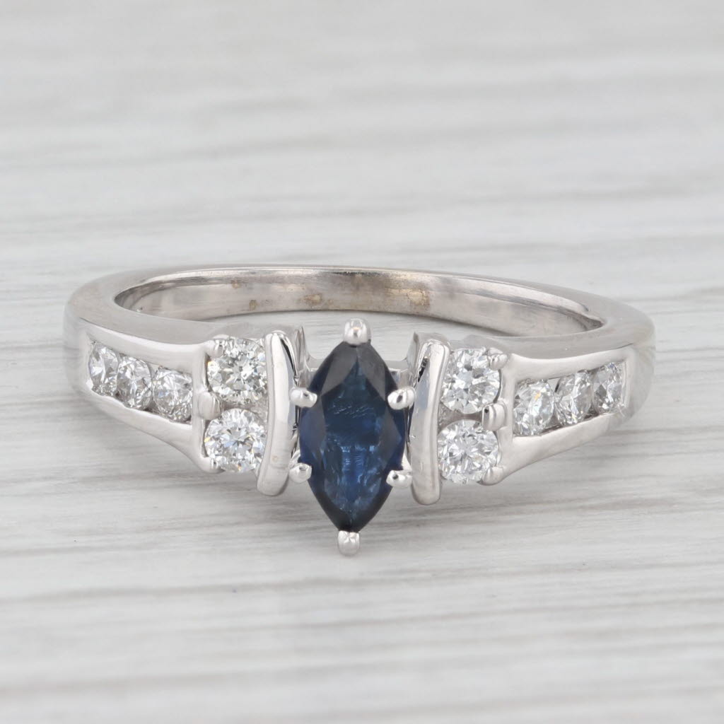 Light Gray 0.65ctw Marquise Blue Sapphire Diamond Ring 14k White Gold Size 6 Engagement