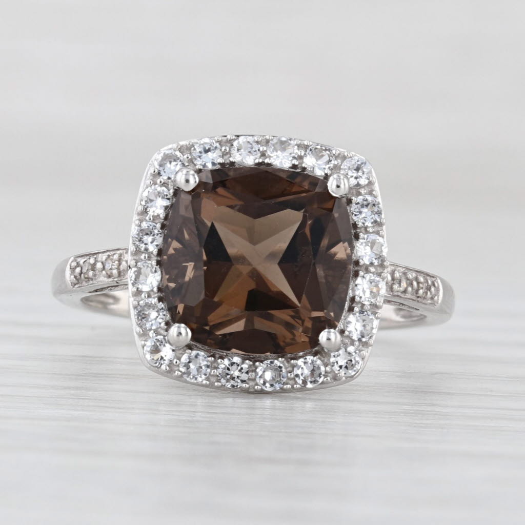 3.30ct Smoky Quartz White Topaz Halo Ring 10k White Gold Size 7