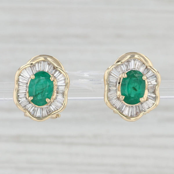 Light Gray 2.10ctw Emerald Diamond Halo Stud Earrings 14k Yellow Gold Pierced Omega Backs
