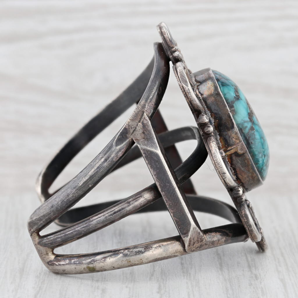 Light Gray Large Turquoise Flower Statement Cuff Bracelet Silver Vintage Native American