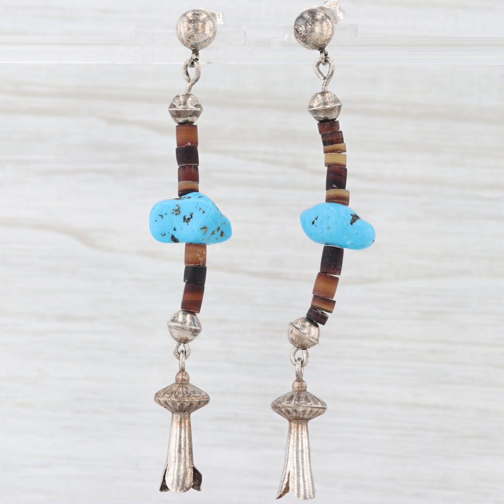 Native American Squash Blossom Turquoise Dangle Earrings Sterling Silver Vintage