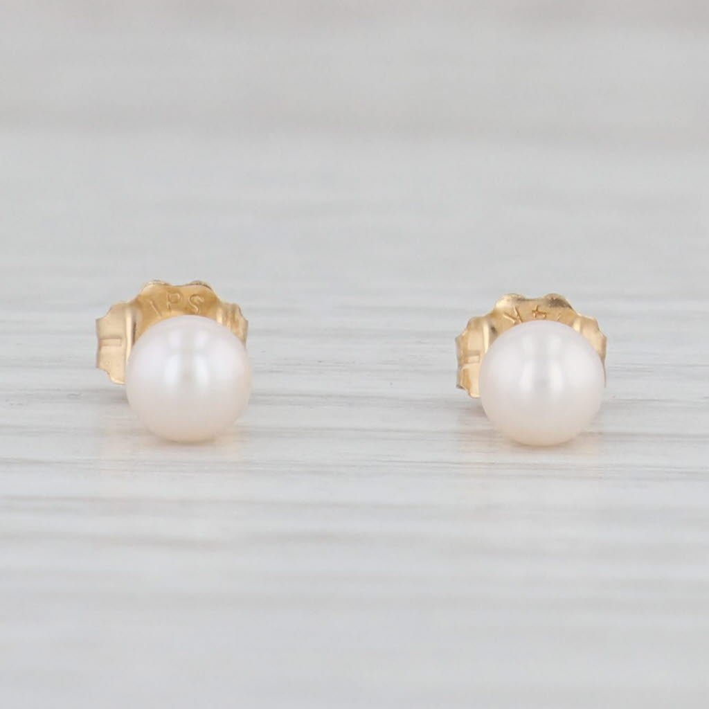 Light Gray New Cultured Pearl Stud Earrings 14k Yellow Gold 4.2mm Round Bead Solitaires