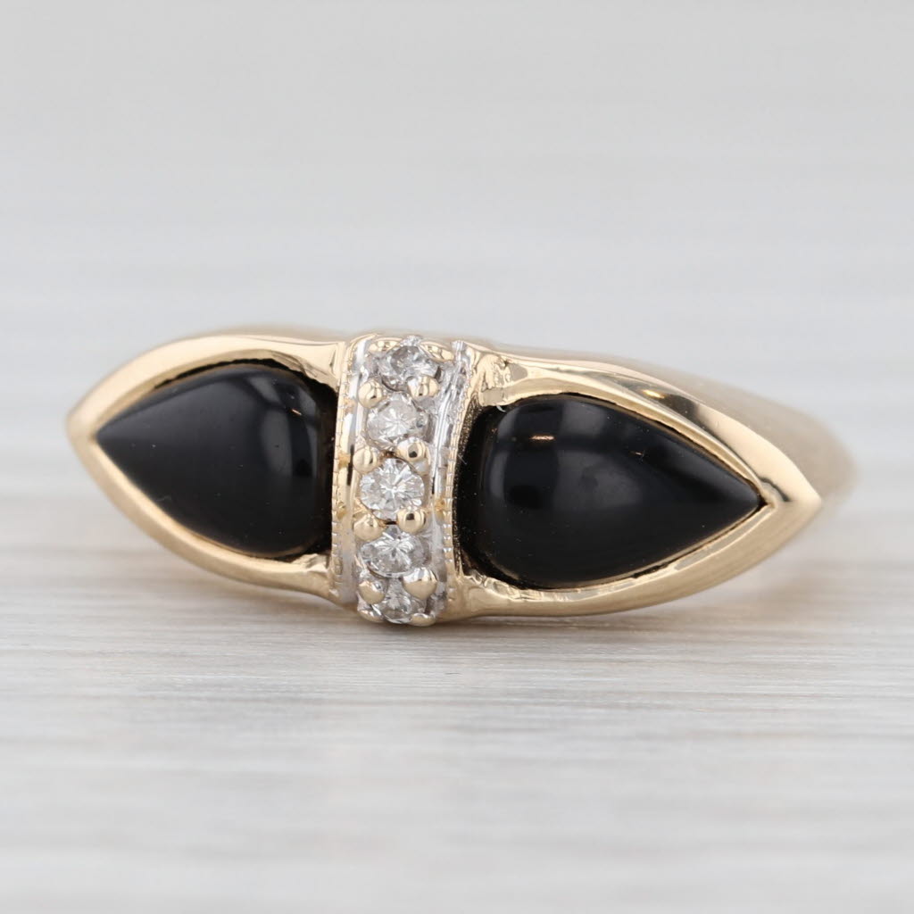 Light Gray Pear Cabochon Onyx Diamond Ring 14k Yellow Gold Size 5.25 Vintage