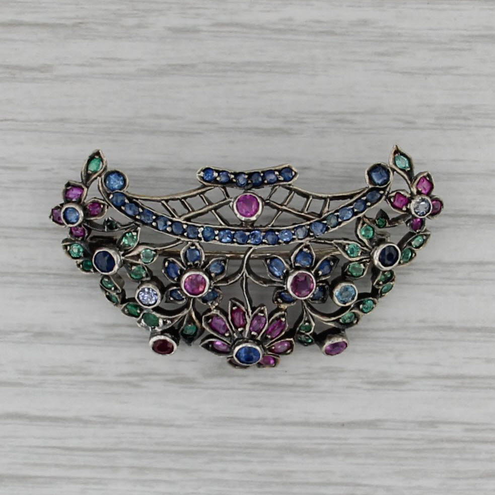 Antique 2.50ctw Gemstone Floral Brooch Silver Emerald Ruby Sapphire Pin