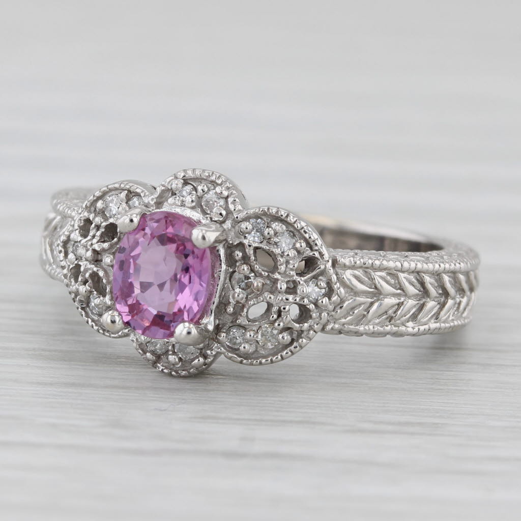 Light Gray 0.76ct Pink Sapphire Diamond Ring 10k White Gold Size 7 Wheat Etched Band