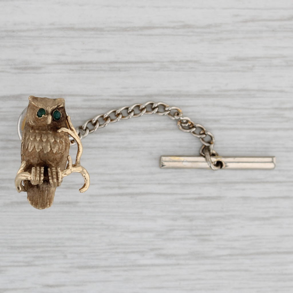 Gray Vintage Perched Owl Tie Tac Pin 14k Yellow Gold Green Glass Eyes