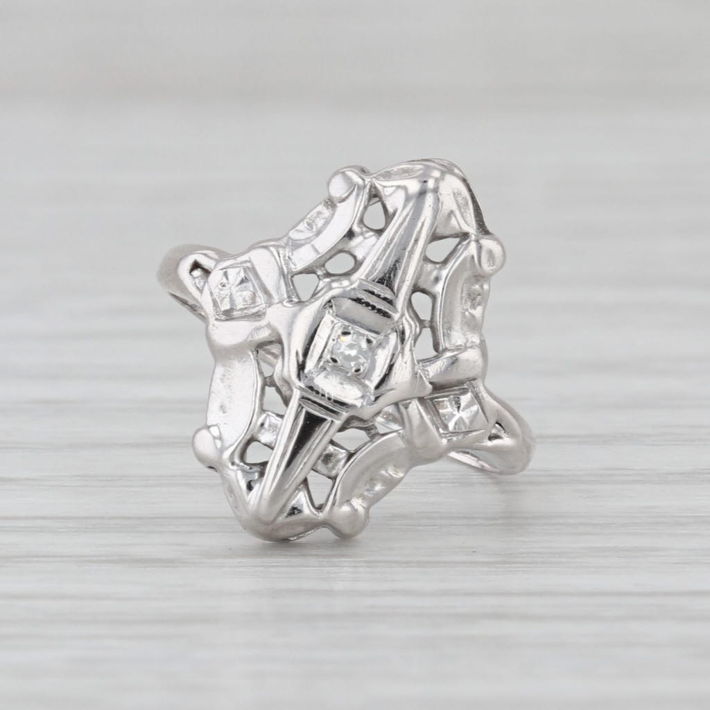 Vintage Diamond Solitaire Ring 14k White Gold Small Size 3