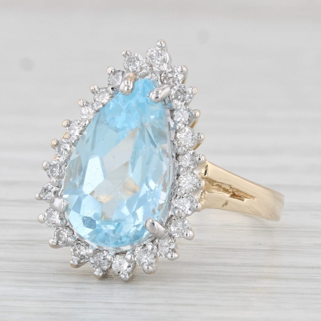 Light Gray 4.26ctw Pear Blue Topaz Diamond Halo Ring 14k Yellow Gold Size 7 Cocktail